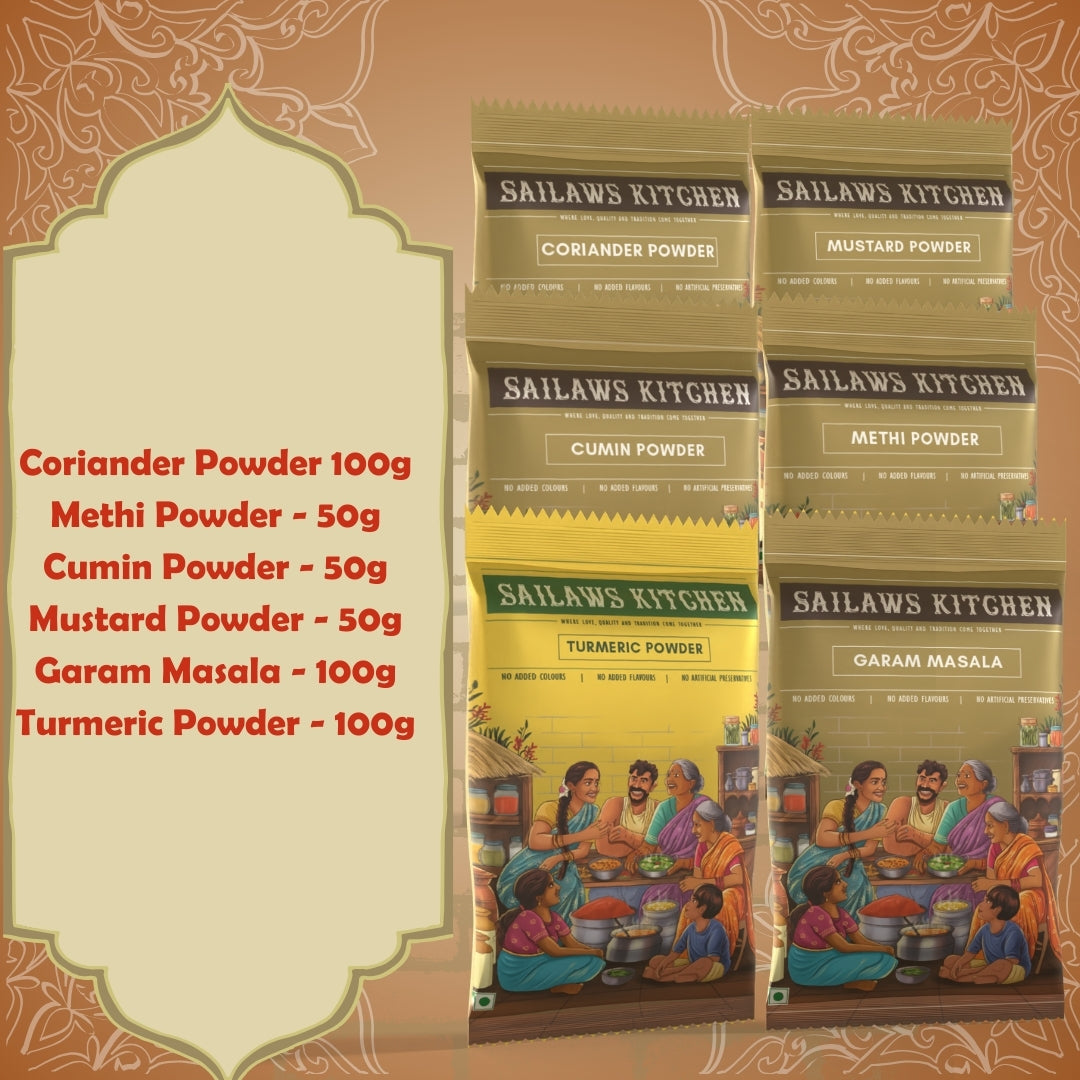 All Spice Powders | Turmeric Powder + Coriander Powder + Garam Masala + Cumin Powder + Mustard Powder + Fenugreek Powder